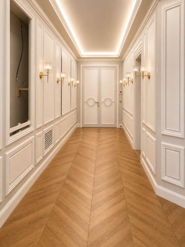 Entrée avec boiseries, moulures, appliques en laiton et parquet point de Hongrie, appartement de prestige à Nice