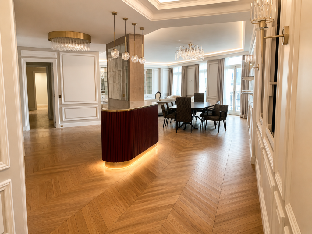 Salon d'un appartement de prestige à Nice rénové par Aktive : parquet point de Hongrie, moulures, meuble bar cannelé bordeaux