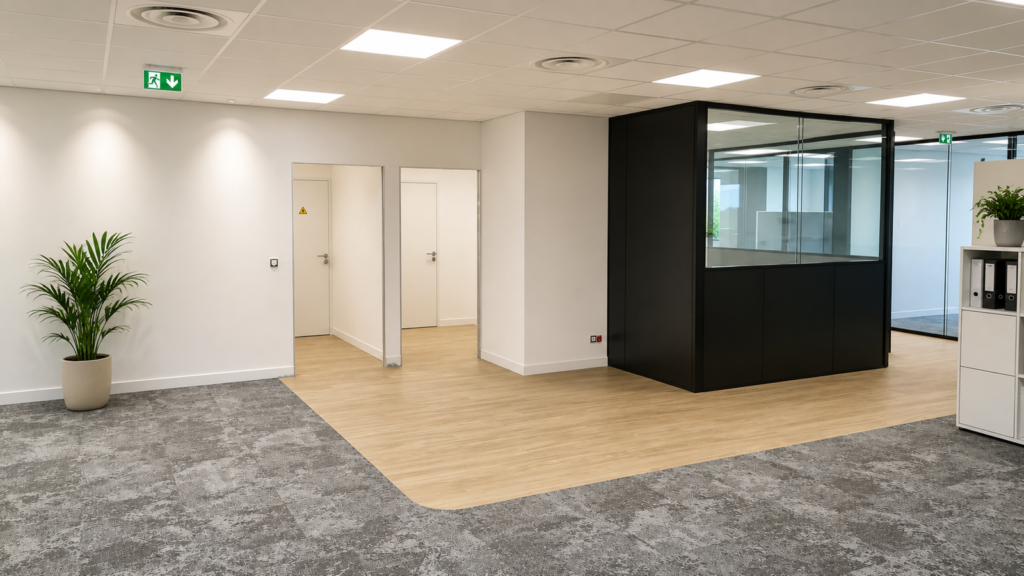 Bureaux d'une startup à Cannes aménagés par Aktive : cloisons vitrées, box de réunion noir, moquette et parquet