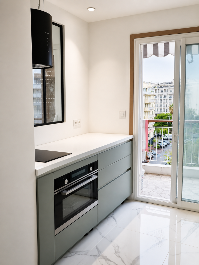 Cuisine rénovée par Aktive à Cannes : façades vert de gris, sol effet marbre, hotte noire, ouverture sur balcon