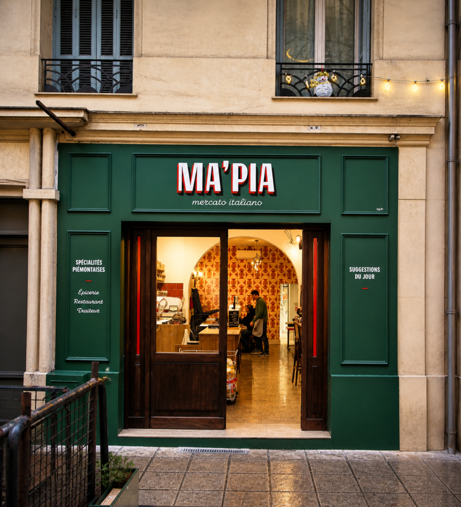 Devanture verte d'une épicerie italienne à Nice après rénovation par Aktive