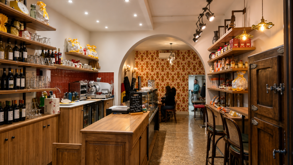 Épicerie fine rénovée par Aktive à Nice : étagères en chêne, comptoir en bois et sol en terrazzo