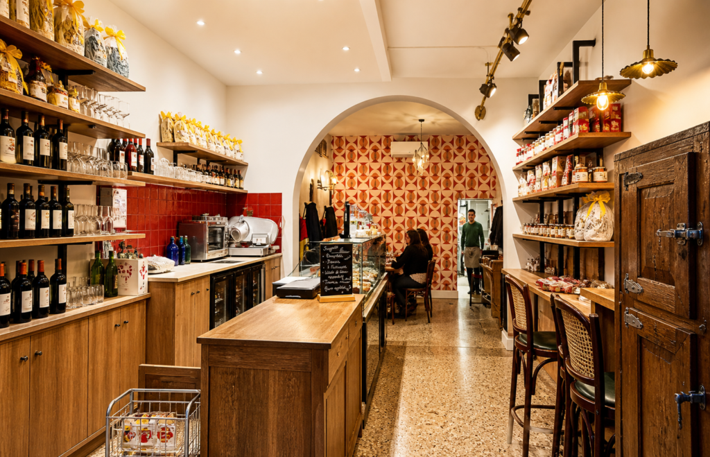 Espace de vente et bar d'une épicerie italienne rénovée par Aktive à Nice