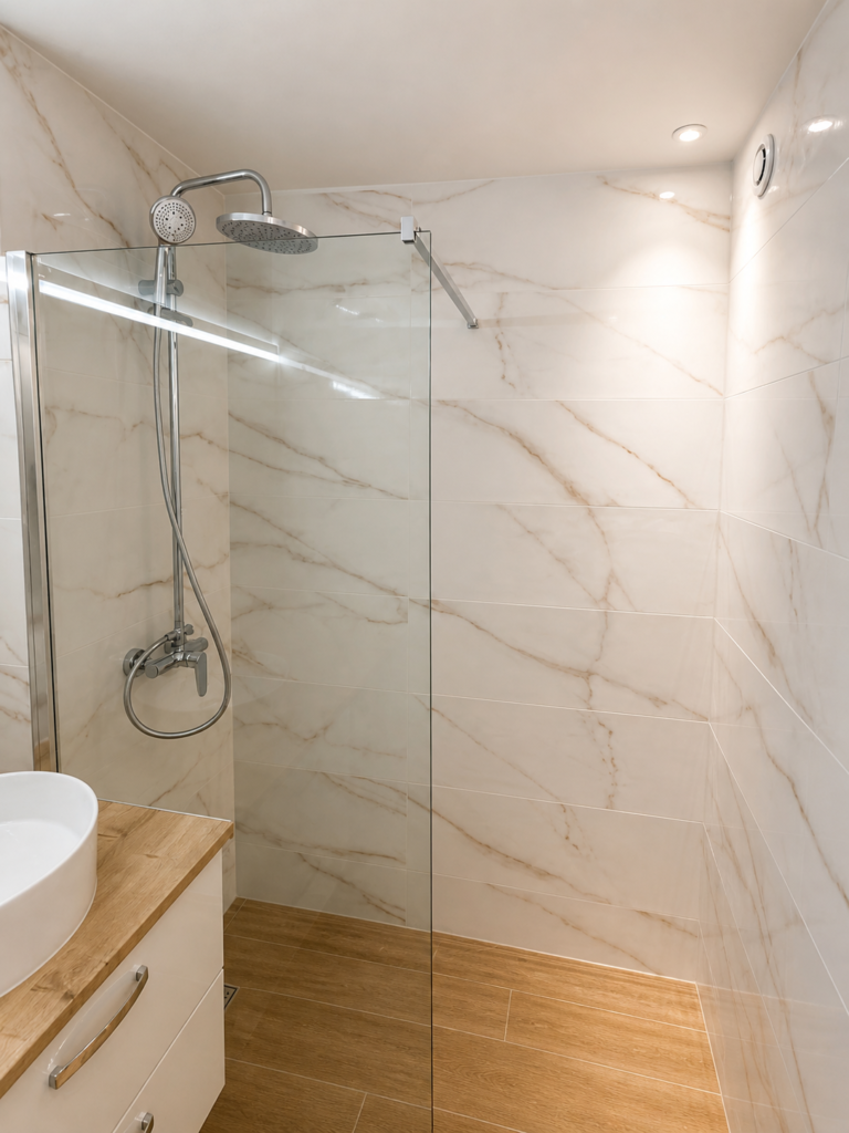 Douche à l'italienne avec paroi fixe et carrelage effet marbre, salle de bain rénovée par Aktive à Cannes