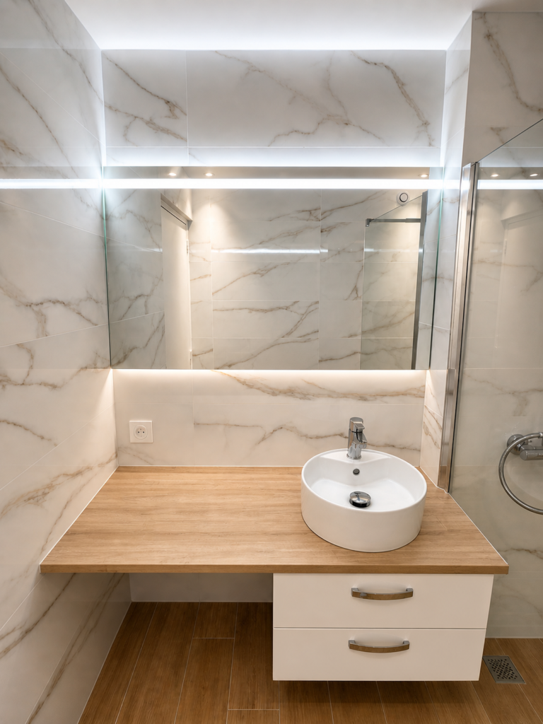 Salle de bain à Cannes rénovée par Aktive : carrelage effet marbre Calacatta, plan vasque en bois, éclairage LED intégré