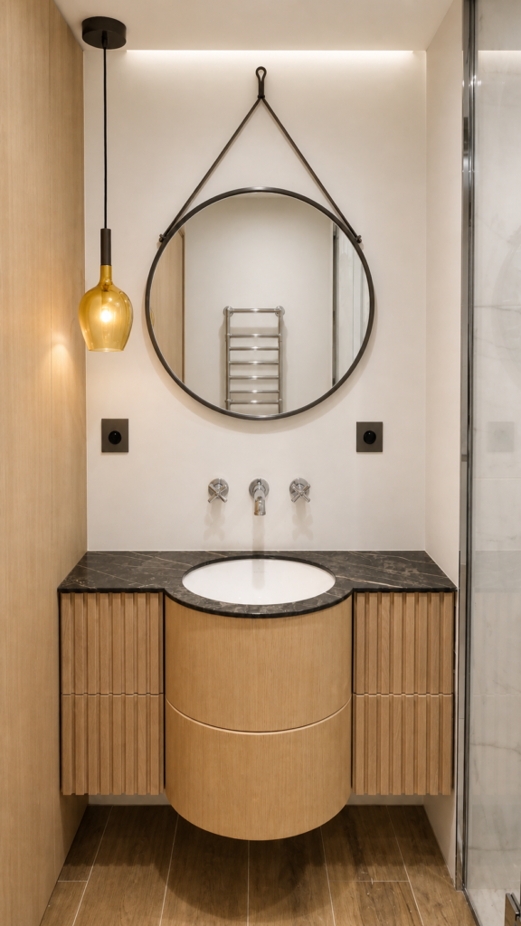 Salle de bain de villa à Saint-Jean-Cap-Ferrat réalisée par Aktive : meuble vasque cintré en chêne, plan en marbre noir, miroir rond, suspension ambrée