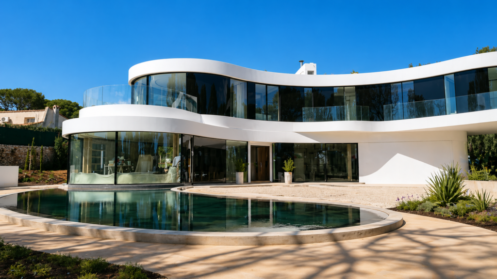 Villa de prestige à Antibes après rénovation par Aktive : façade courbe blanche, baies vitrées cintrées et piscine