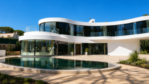 Villa de prestige à Antibes après rénovation par Aktive : façade courbe blanche, baies vitrées cintrées et piscine